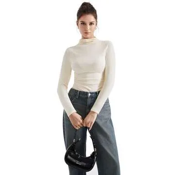 SUUKSESS Women Ribbed Modal Long Sleeve Casual Tops High Neck Going Out Trendy T Shirts (Beige,XS)