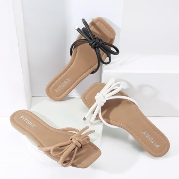 FITORY Women's Flat Sandals Square Open Toe Thong with Cute Knot for Summer Size 8 Camel