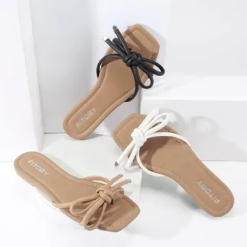 FITORY Women's Flat Sandals Square Open Toe Thong with Cute Knot for Summer Size 8 Camel