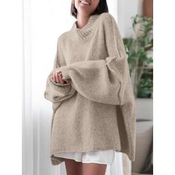 Saodimallsu Womens Oversized Sweaters Mock Neck Batwing Long Sleeve 2024 Fall Trendy Ribbed Knit Casual Tunic Sweater Khaki
