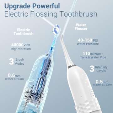 Portable Electric Toothbrush with Water Flosser, 2-in-1 Cordless Waterflosser Teeth Cleaning Kit 2.0, 3+3 Modes, 3 Brush Heads, 1 Jet Tip, IPX7 Waterproof Rechargeable Oral Irrigator for Travel Home