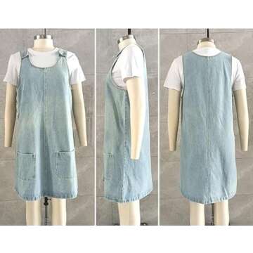 Women's Overall Casual Vintage Denim Dress Round Neck Sleeveless Mini Denim Jumper Skirt(Mid Blue-M)