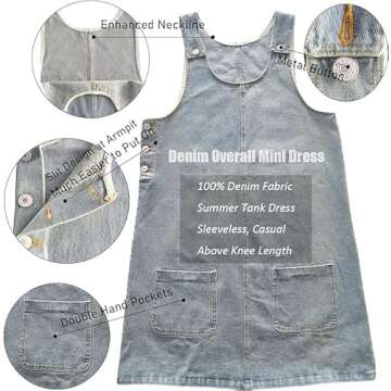 Women's Overall Casual Vintage Denim Dress Round Neck Sleeveless Mini Denim Jumper Skirt(Mid Blue-M)