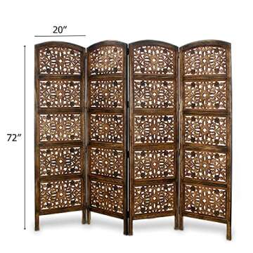 Room Divider Wood Screen - Rajasthan Antique Brown - 4 Panel Folding 72 x 80 - Intricate Hand Carved...
