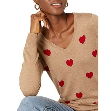 Amazon Essentials Women's Classic-Fit Lightweight Long-Sleeve V-Neck Sweater (Available in Plus Size), Dark Beige Red Hearts, XX-Large