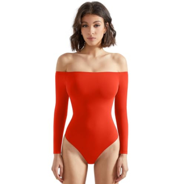 SUUKSESS Women's Off the Shoulder Long Sleeve Bodysuit - Chic and Comfy Thong Look in Red