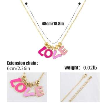 Pink Love Charm Necklace for Women Cute Enamel Dangle Letter Love Pendant Necklace 14K Gold Plated A...