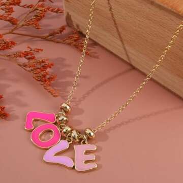 Pink Love Charm Necklace for Women Cute Enamel Dangle Letter Love Pendant Necklace 14K Gold Plated Adjustable Chain Love Word Necklace Preppy Party Valentines Day Jewelry Gift for Her