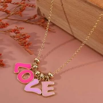 Pink Love Charm Necklace for Women Cute Enamel Dangle Letter Love Pendant Necklace 14K Gold Plated Adjustable Chain Love Word Necklace Preppy Party Valentines Day Jewelry Gift for Her