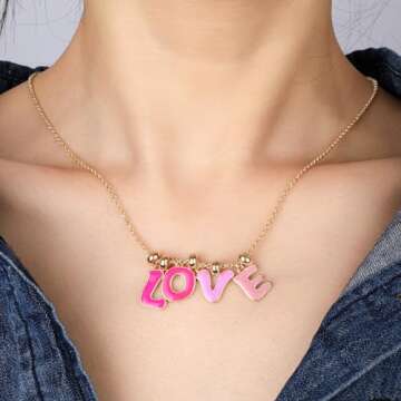 Pink Love Charm Necklace for Women Cute Enamel Dangle Letter Love Pendant Necklace 14K Gold Plated Adjustable Chain Love Word Necklace Preppy Party Valentines Day Jewelry Gift for Her