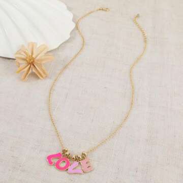 Pink Love Charm Necklace for Women Cute Enamel Dangle Letter Love Pendant Necklace 14K Gold Plated Adjustable Chain Love Word Necklace Preppy Party Valentines Day Jewelry Gift for Her