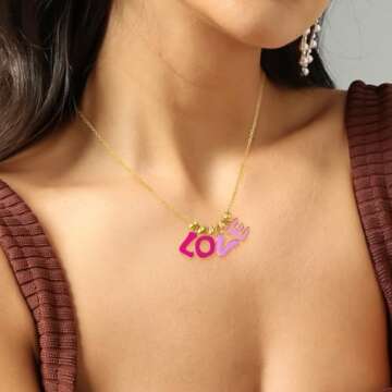 Pink Love Charm Necklace for Women Cute Enamel Dangle Letter Love Pendant Necklace 14K Gold Plated Adjustable Chain Love Word Necklace Preppy Party Valentines Day Jewelry Gift for Her