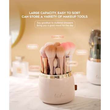 Y.duck Pink Makeup Brush Holder with Lid - 360 Rotating Makeup Organizer for Vanity - Dustproof Make Up Organizers and Storage-With Makeup Brush Cleaner Mat (White)