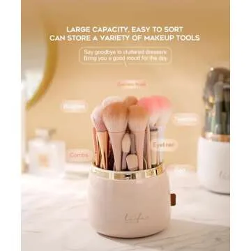 Y.duck Pink Makeup Brush Holder with Lid - 360 Rotating Makeup Organizer for Vanity - Dustproof Make Up Organizers and Storage-With Makeup Brush Cleaner Mat (White)