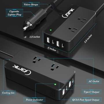 BMK 200W Car Power Inverter DC 12V to 110V AC Car Inverter 4 USB Ports Charger Adapter Car Plug Converter with 2 QC3.0 USB and 2 Type C Ports (Black)