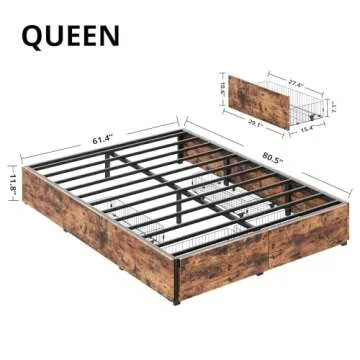 LIKIMIO Queen Bed Frame with Storage, 4 Drawers and Heavy Strong Metal Support Frames, Solid Stable,...