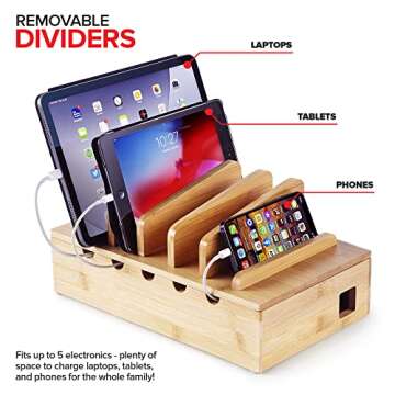 Modern Innovations Bamboo Charging Station for Multiple Devices (Natural) Wood Device Organizer, Desk Docking Stand for Cell-Phone Charger, Compatible with Apple, Android, iPad, iPhone, Tablet, Laptop
