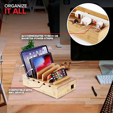 Modern Innovations Bamboo Charging Station for Multiple Devices (Natural) Wood Device Organizer, Desk Docking Stand for Cell-Phone Charger, Compatible with Apple, Android, iPad, iPhone, Tablet, Laptop