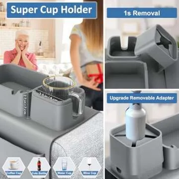 Easyjoy Couch Cup Holder Tray, Super Large Silicone Sofa Armrest Tray with Side Pockets, Anti-Spill Anti-Slip Couch Arm Tray, Cup Holder for Couch Arm Caddy, Couch Cup Holder Gifts for Family, Gray