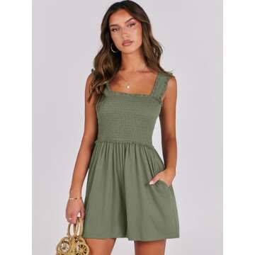 Caracilia Women's Summer Casual Smocked Rompers - Square Neck Sleeveless Jumpsuit for Beach