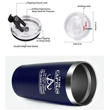 Qtencas I'm The Captain & I'm Always Right Stainless Steel Insulated Travel Tumbler, Boating Gifts for Men, Father's Day Birthday Boating Anchor Christmas Gifts For Men Boaters Sailors(20oz, Darkblue)