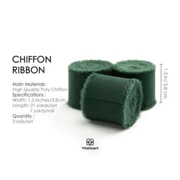 Vitalizart Dark Green Handmade Chiffon Silk Ribbon Fringe 3 Rolls 1.5" x 21 Yd Frayed Edges Ribbons for Wedding Invitations Bridal Bouquets Gifts Wrapping Crafts Holiday Decor