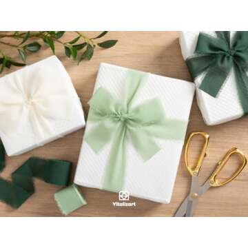 Vitalizart Dark Green Handmade Chiffon Silk Ribbon Fringe 3 Rolls 1.5" x 21 Yd Frayed Edges Ribbons for Wedding Invitations Bridal Bouquets Gifts Wrapping Crafts Holiday Decor