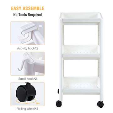 UNooMe Rolling Organizer Storage Cart - Bathroom Shelf Organizer 3 Tier Storage Organizer Shelf Rack with Wheels for Office Kitchen Bedroom Bathroom Laundry Room Dressers…