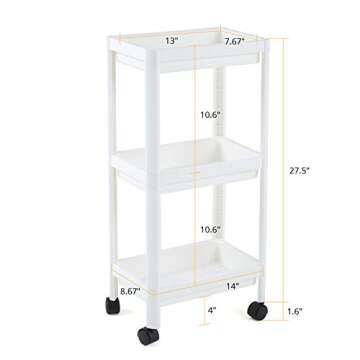 UNooMe Rolling Organizer Storage Cart - Bathroom Shelf Organizer 3 Tier Storage Organizer Shelf Rack with Wheels for Office Kitchen Bedroom Bathroom Laundry Room Dressers…