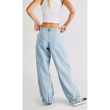 CHARTOU Women's Baggy Denim Cargo Pants Parachute Jogger Harem Jeans Trousers (Medium, Light Blue)