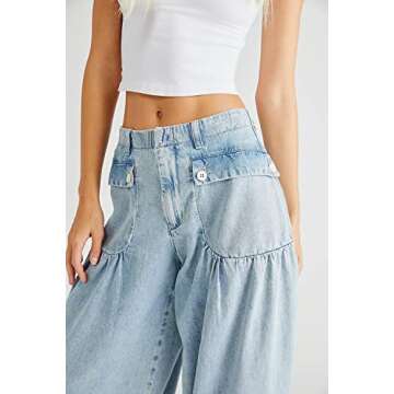 CHARTOU Women's Baggy Denim Cargo Pants Parachute Jogger Harem Jeans Trousers (Medium, Light Blue)