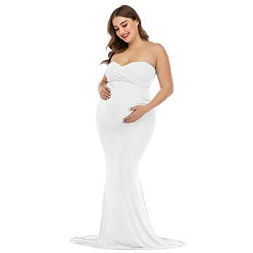 ZIUMUDY Maternity Elegant Fitted Gown Strapless Tube Maxi Photography Baby Shower Dress (Large, Whit...