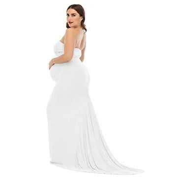 ZIUMUDY Maternity Elegant Fitted Gown Strapless Tube Maxi Photography Baby Shower Dress (Large, White)