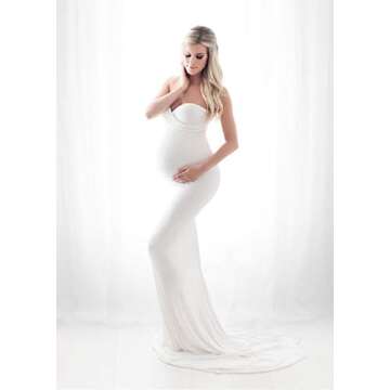 ZIUMUDY Maternity Elegant Fitted Gown Strapless Tube Maxi Photography Baby Shower Dress (Large, White)