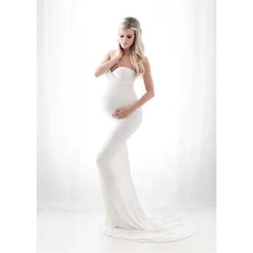 ZIUMUDY Maternity Elegant Fitted Gown Strapless Tube Maxi Photography Baby Shower Dress (Large, White)