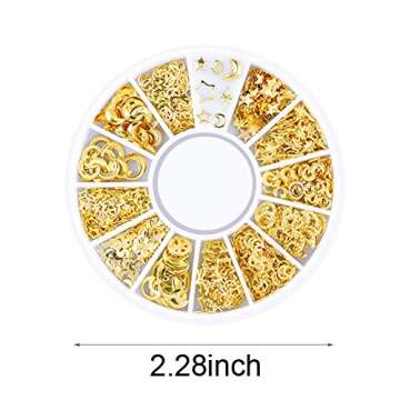 DANNEASY 3d Nail Charms Metal Nail Art Studs Gold Nail Jewels Silver Hollow Star Moon Shell Flower Manicure Decoration Salon with 1pc Curved Tweezers, Wax Pen (6 Wheels)