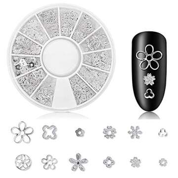 DANNEASY 3d Nail Charms Metal Nail Art Studs Gold Nail Jewels Silver Hollow Star Moon Shell Flower Manicure Decoration Salon with 1pc Curved Tweezers, Wax Pen (6 Wheels)