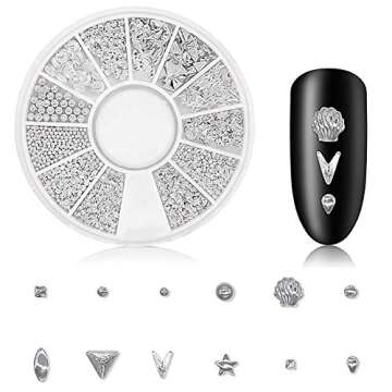 DANNEASY 3d Nail Charms Metal Nail Art Studs Gold Nail Jewels Silver Hollow Star Moon Shell Flower Manicure Decoration Salon with 1pc Curved Tweezers, Wax Pen (6 Wheels)