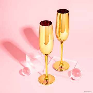 Dragon Glassware x Barbie Champagne Flutes Glass - 8 oz Gold with Pink Interior Crystal Champagne Gl...