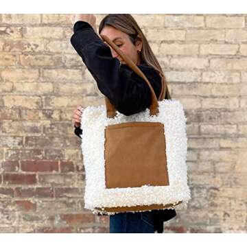 Sprigs Women's Cute Tote Bags - Casual Faux Fur Bag with Outside Pocket & Inside Laptop Sleeve - Laptop Tote Bag For Women (Deep Caramel/Ivory)