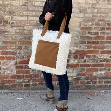 Sprigs Women's Cute Tote Bags - Casual Faux Fur Bag with Outside Pocket & Inside Laptop Sleeve - Laptop Tote Bag For Women (Deep Caramel/Ivory)