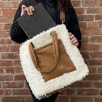 Sprigs Women's Cute Tote Bags - Casual Faux Fur Bag with Outside Pocket & Inside Laptop Sleeve - Laptop Tote Bag For Women (Deep Caramel/Ivory)