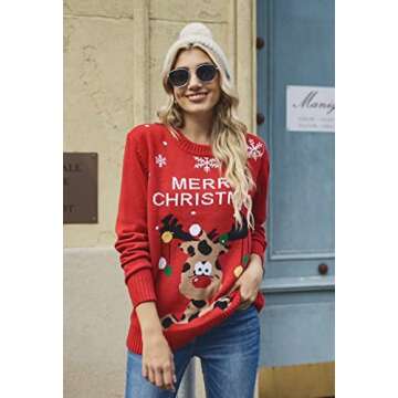 Pink Queen Women's Round Neck Long Sleeve Reindeer Letter Swowflake Ugly Christmas Knitted Sweater Jumper Top Red L