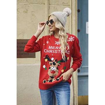 Pink Queen Women's Round Neck Long Sleeve Reindeer Letter Swowflake Ugly Christmas Knitted Sweater Jumper Top Red L