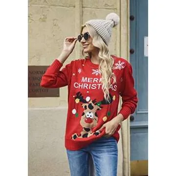 Pink Queen Women's Round Neck Long Sleeve Reindeer Letter Swowflake Ugly Christmas Knitted Sweater Jumper Top Red L