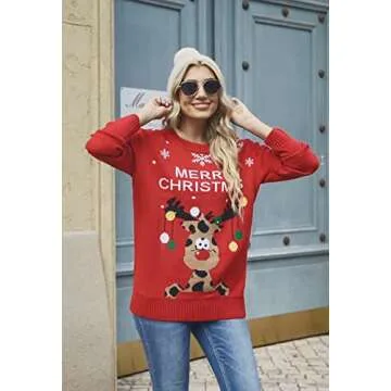 Pink Queen Women's Round Neck Long Sleeve Reindeer Letter Swowflake Ugly Christmas Knitted Sweater Jumper Top Red L