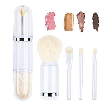 MS. WENNY Small Makeup Brush Set White - 4 in 1 Portable Travel Lip Brush,Highlight Brush,Eyeshadow Brush,Foundation Blending Powder Brush Retractable Mini Facial Cosmetic Makeup Brush Set