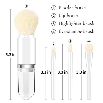 MS. WENNY Small Makeup Brush Set White - 4 in 1 Portable Travel Lip Brush,Highlight Brush,Eyeshadow Brush,Foundation Blending Powder Brush Retractable Mini Facial Cosmetic Makeup Brush Set