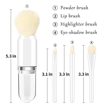 MS. WENNY Small Makeup Brush Set White - 4 in 1 Portable Travel Lip Brush,Highlight Brush,Eyeshadow Brush,Foundation Blending Powder Brush Retractable Mini Facial Cosmetic Makeup Brush Set