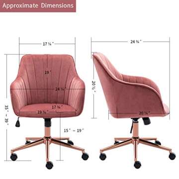 DUHOME Home Office Chair Computer Armchair Task Chair Velvet Upholstered Chair Height Adjustable Comfortable Stool Swivel Rolling with Rose Gold Metal Base Pink